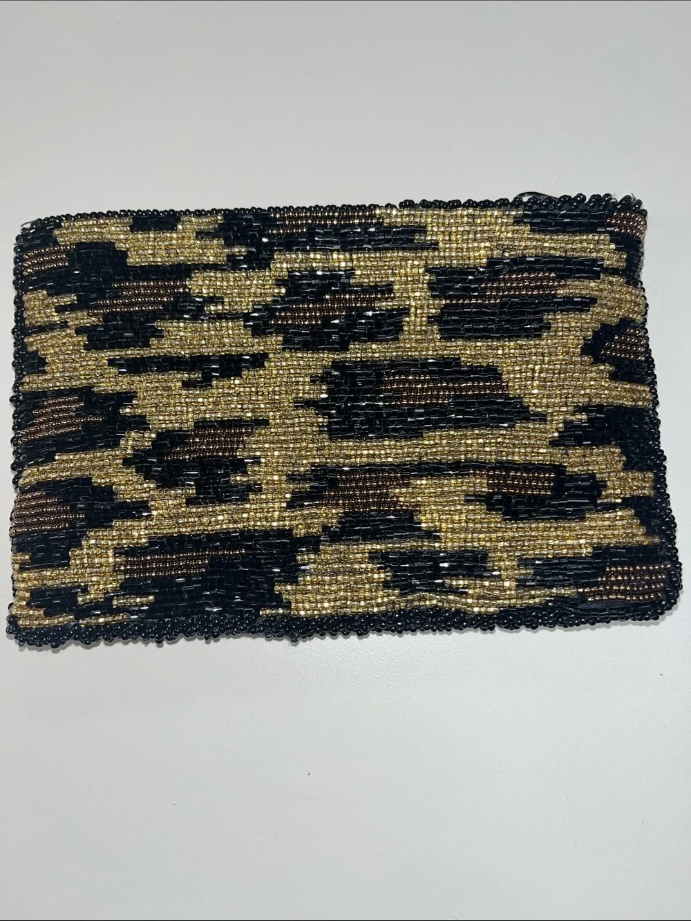Source Unknown Gold, Black & Brown Beaded Leopard Clutch Evening Bag